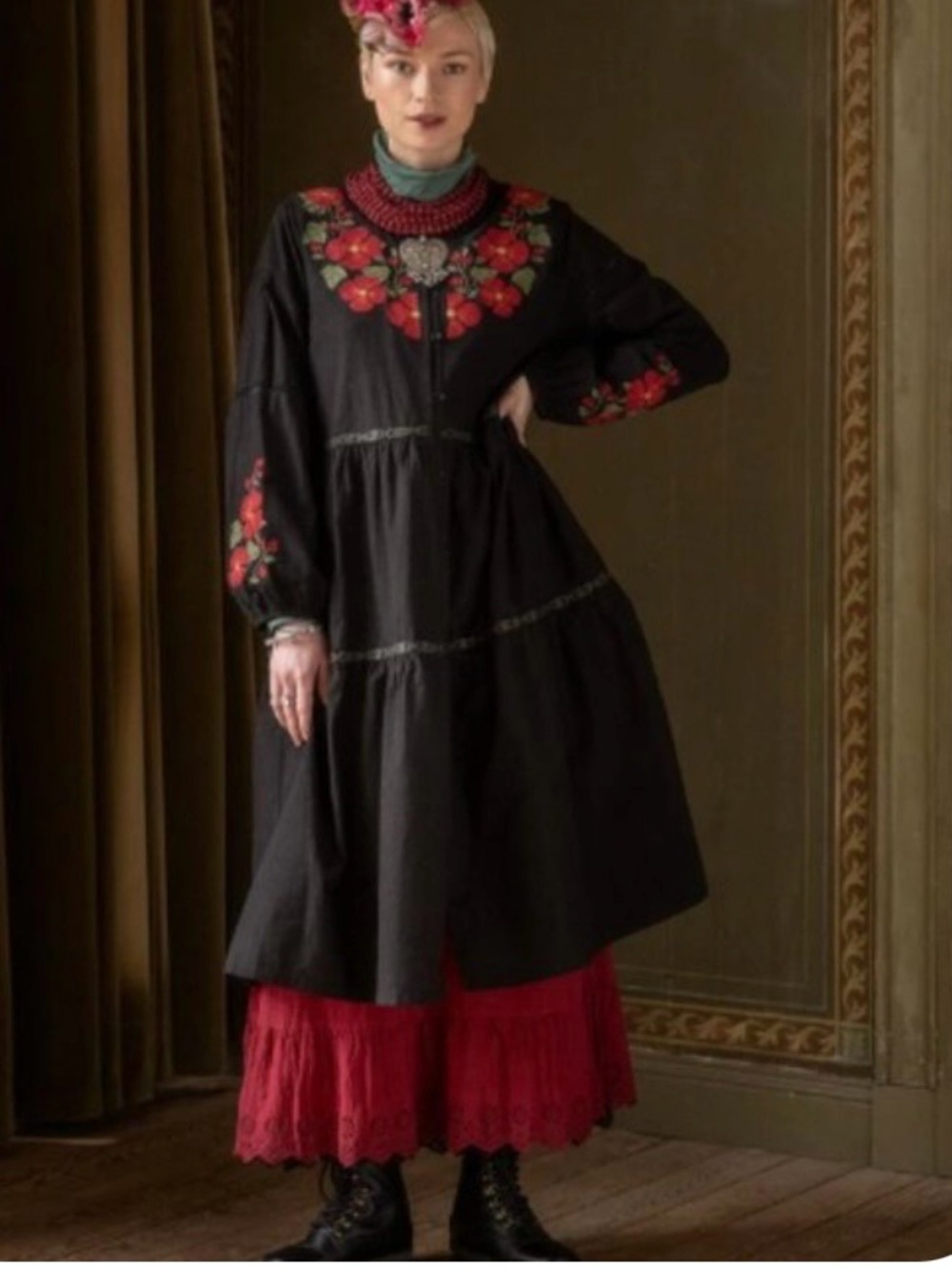 Gudrun Sjoden NWT XL black ALAND Dress embroidered floral